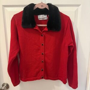 Vtg Marisa Christina Lg Christmas Coll. '01 Red Black Fur Collar Sweater *flaw*